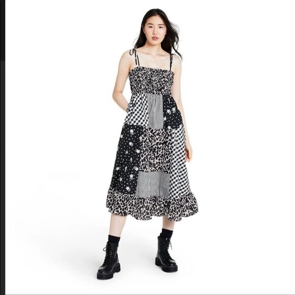 Sandy Liang x Target Black & White Gingham Floral Patchwork Cotton Midi Dress - Picture 1 of 8
